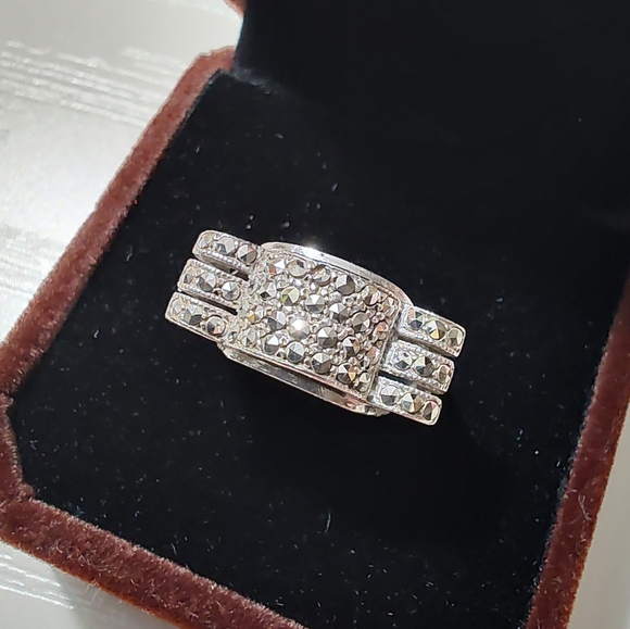 Art Deco German 935 Silver Marcasite Cocktail Ring Size 7 - Picture 5 of 17